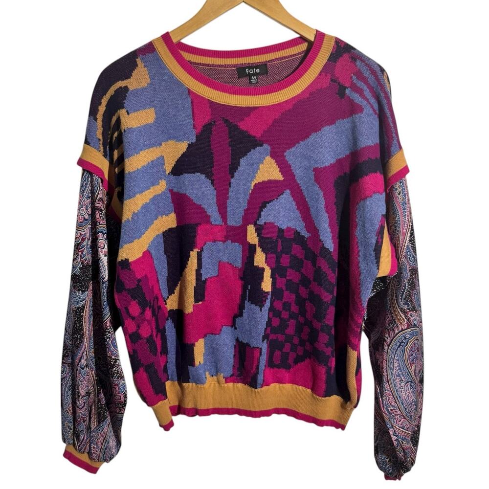 Fate Sweater Women M Geometric 80s 90s Print Crew Neck Anthropologie Paisley Top